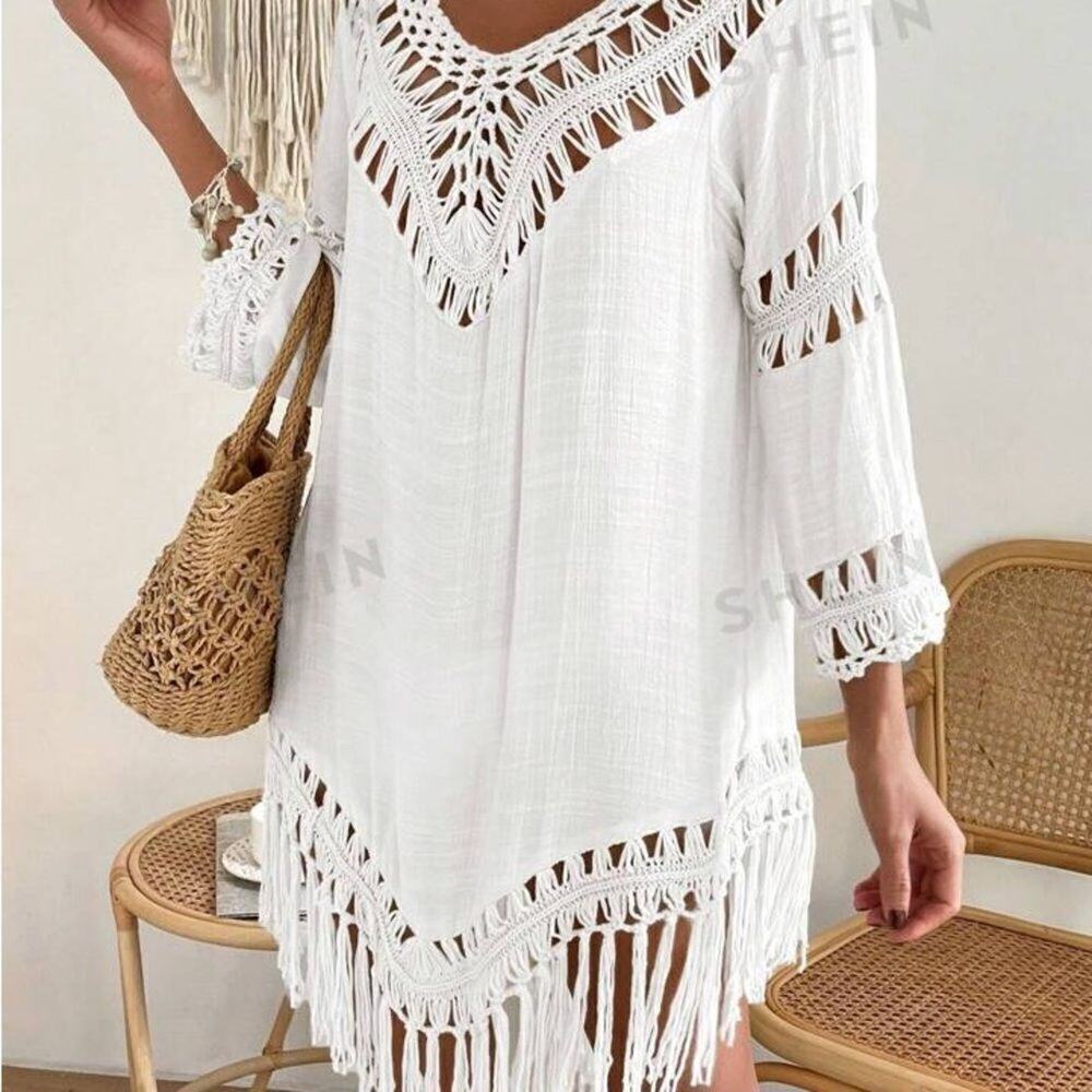 White Crochet Fringe Hem Loose Waisted Coverup - Picture 6 of 6